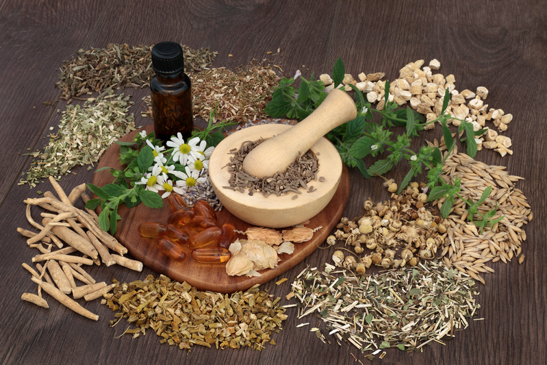 assortment of natural herbal plant medicines with mortar and pestle and essential oil bottle