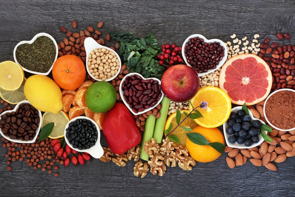 bowls and piles of assorted polyphenol-rich foods